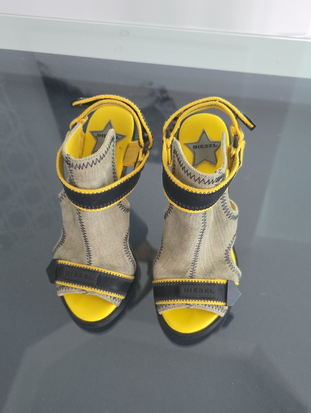 Diesel Yellow and Grey/beige Strappy Open-Toe Heels